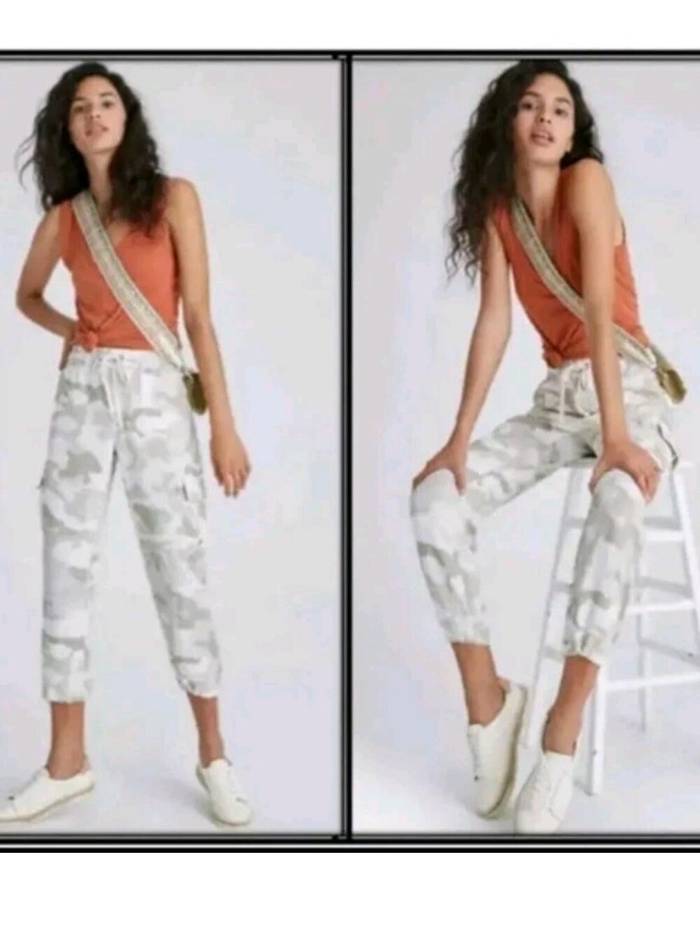 Women’s White & Tan Linen Camo Drawstring Joggers